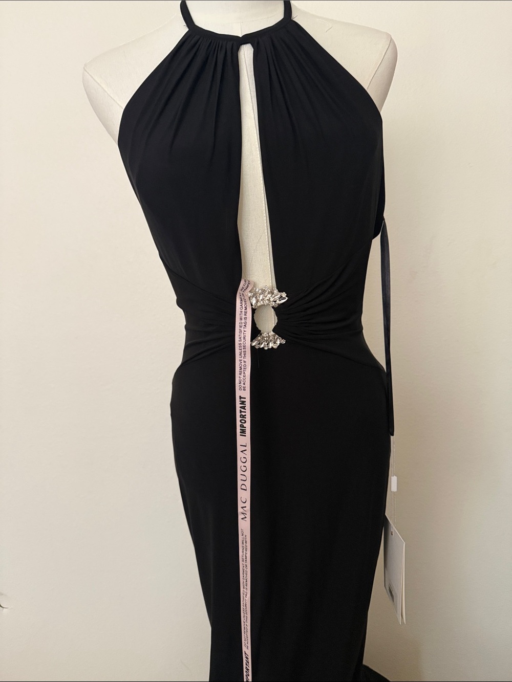 Mac Duggal Black Halter Keyhole Evening Gown with Rhinestone Accent
